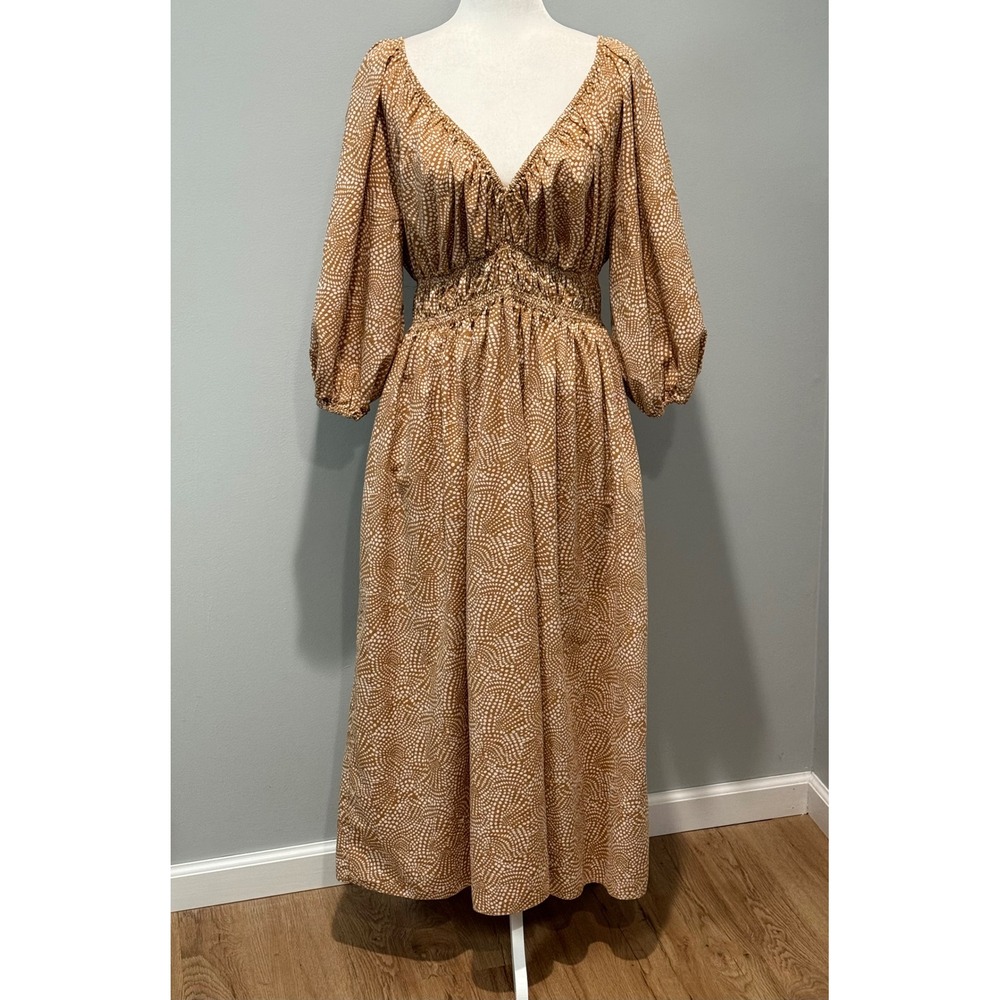 Madewell Vneck Balloon Sleeve Smocked Waist Maxi Dress Dotted Brown White Size 6